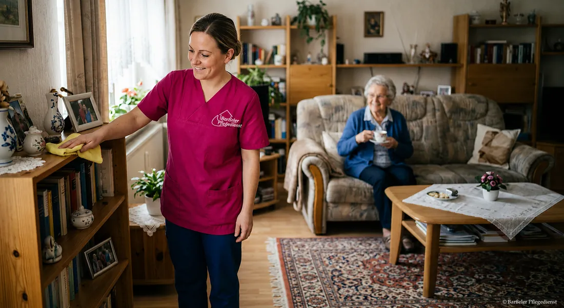 Beispielbild Hauswirtschaft und Betreuung: Hausarbeit, während die Bewohnerin auf dem Sofa sitzt