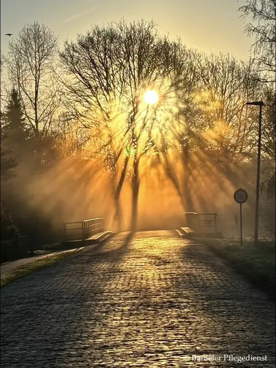Sonnenaufgang über einer Landstraße im Einsatzgebiet, aufgenommen auf der Morgentour